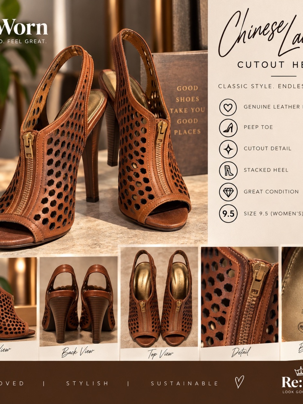 Chinese Laundry Tan Cutout Peep-Toe Stacked Heel Sandals